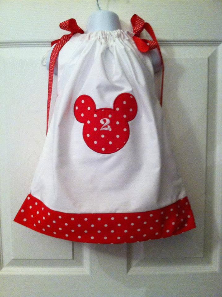 Boutique Pillowcase Dress Disney Minnie Mickey Mouse White with Red and White Polka Dots Birthday Number 12 mos,  2T, 3T, 4T, 5, 6, 7