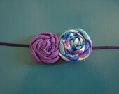 Rolled Fabric Flower Headband DOUBLE - Purple Turquoise and White - on Skinny Elastic - Newborn Infant Toddler Girl Adult