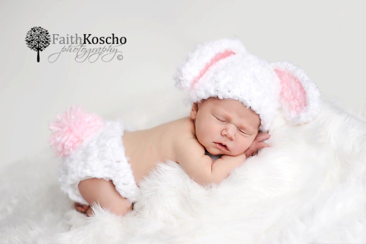 Floppy Ears Fuzzy Bunny Hat And Diaper Cover Set Newborn 0-3 and 3-6 Months Photography Prop