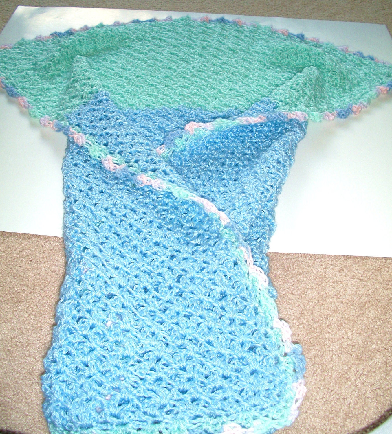 Blanket Baby Crocheted in Blue and Green with a Multi-color Baby Yarn  Border
