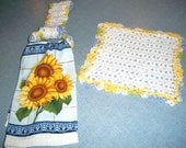 KitchenTowel and Washcloth Set Crocheted includes Sunflower Towel, White, Blue, Yellow