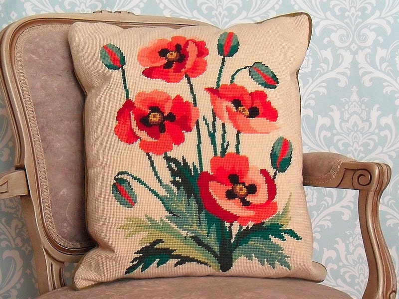 Vintage 60's Needlepoint Large Pillow Red Orange Poppies with Green Velvet Back