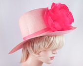 Vintage 50's Pink Feather Flower Straw Hat