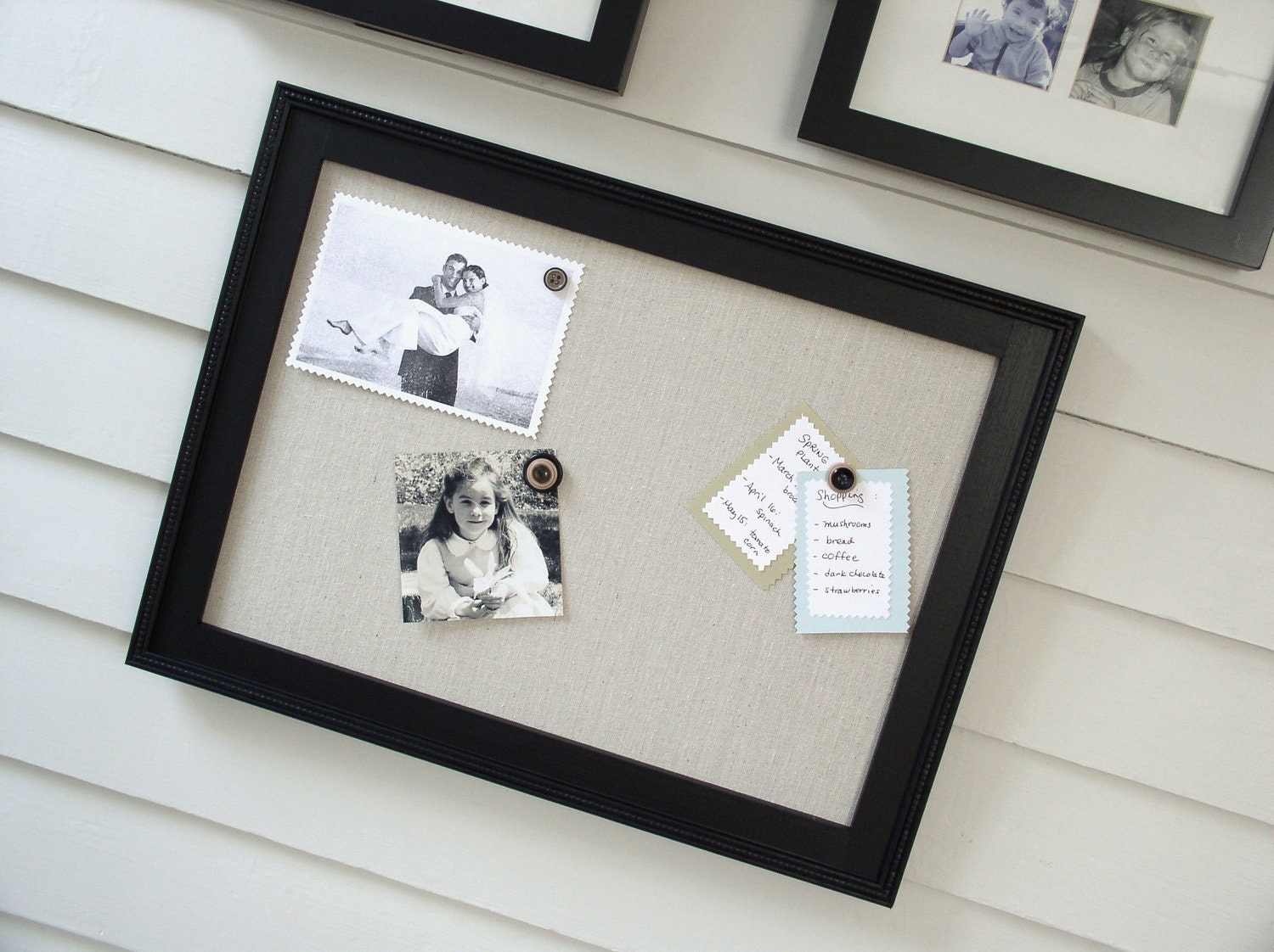 Magnetic Bulletin Board - Memo Board with Handmade Black Wood Frame - Message Board with Unbleached Cotton Fabric