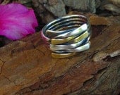 Two Toned Mixed Metal Sterling Silver Brass Wide Band Basket Weave Boho Jewelry Cross Over Ring