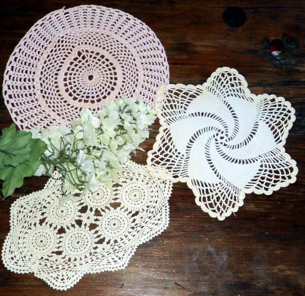 Doilies 3 Crocheted Doily  Pink Doilys White Doily Lot Vintage A40