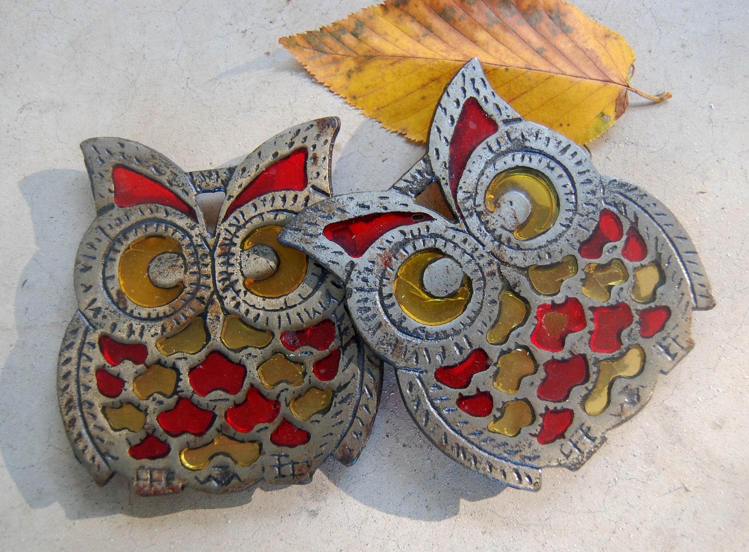 Stained Glass Owl Trivet - Vintage Yellow and Red Owl Trivet