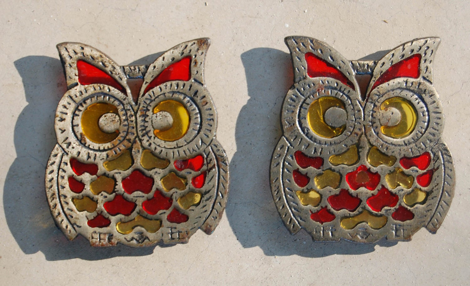 Stained Glass Owl Trivet - Vintage Yellow and Red Owl Trivet