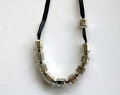 Asymmetrical Silver Geometric Bead Black Ribbon Necklace