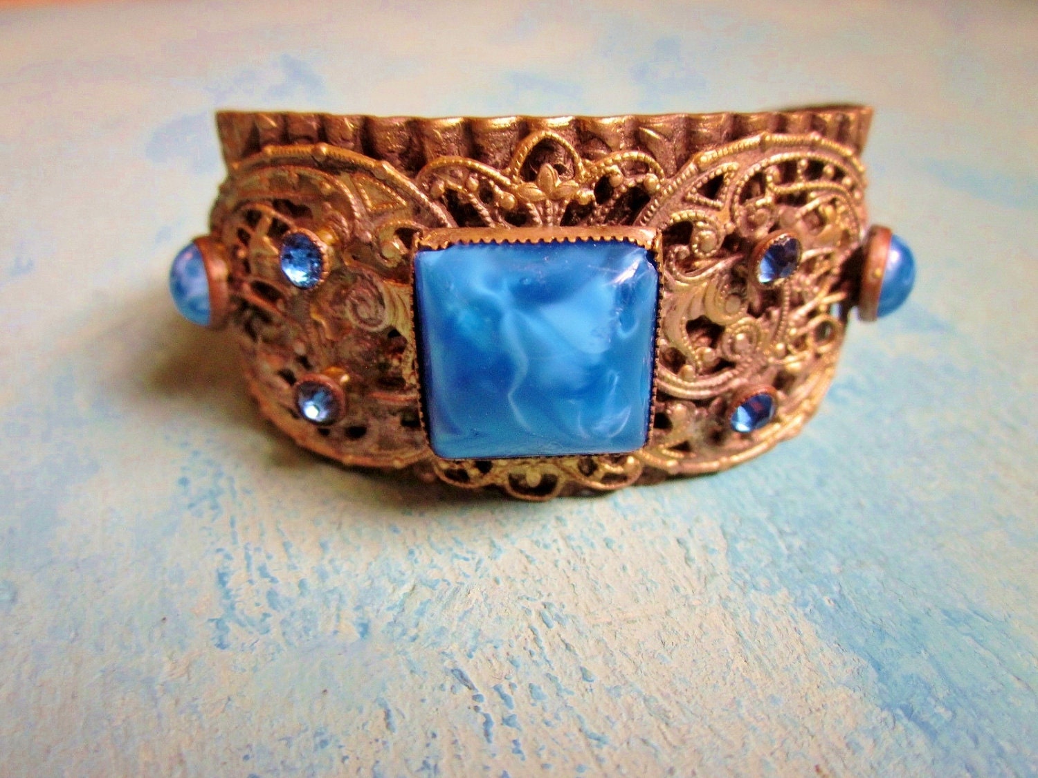Art Deco Bracelet Gold Brass Blue Satin Glass Rhinestones Filigree Cuff Vintage 1930s Bracelet