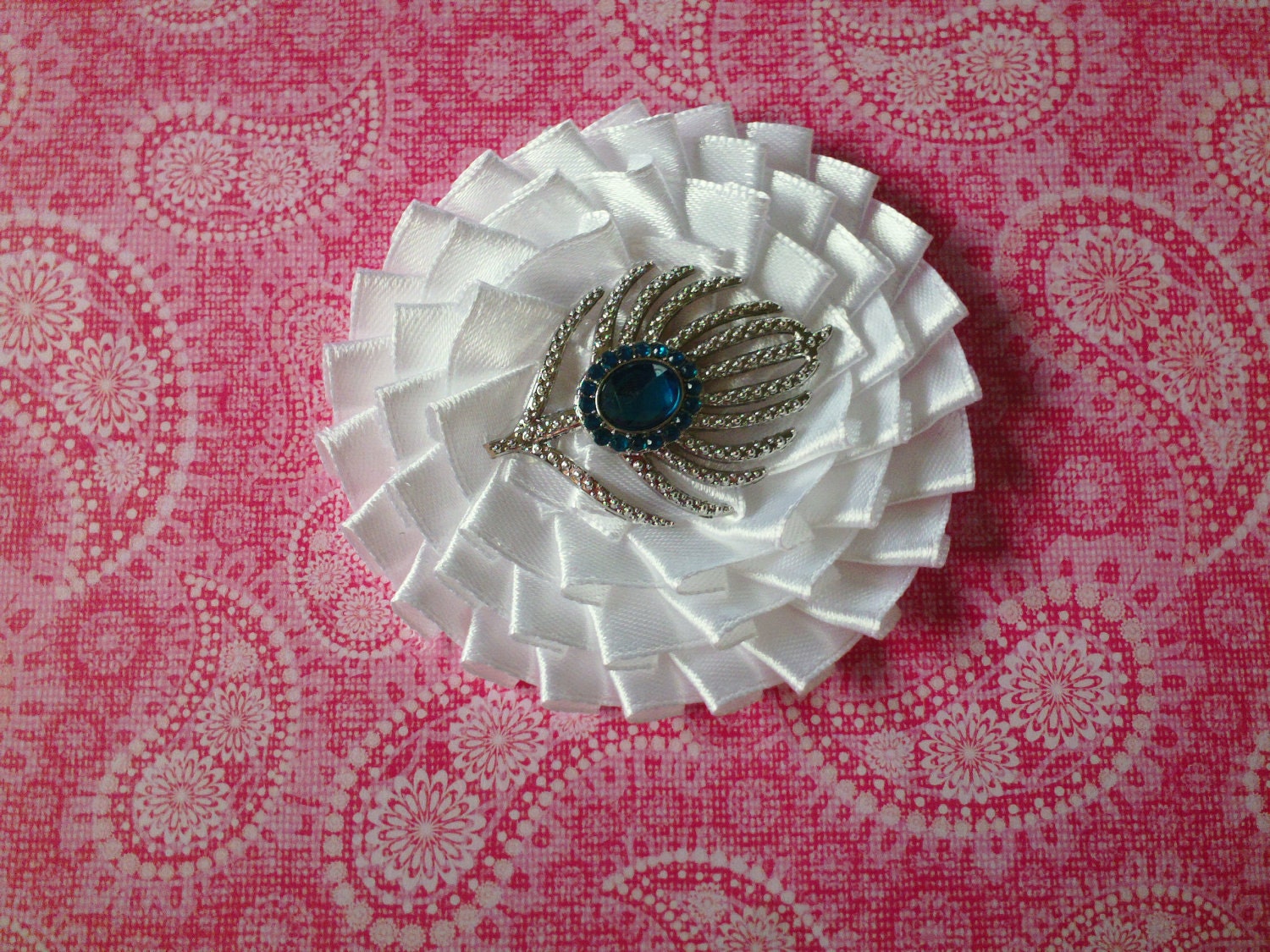 White satin pleated hair clip with peacock rhinestone center or brooch, brides, bridesmaid, maid of honor, flower girl or just to dress up