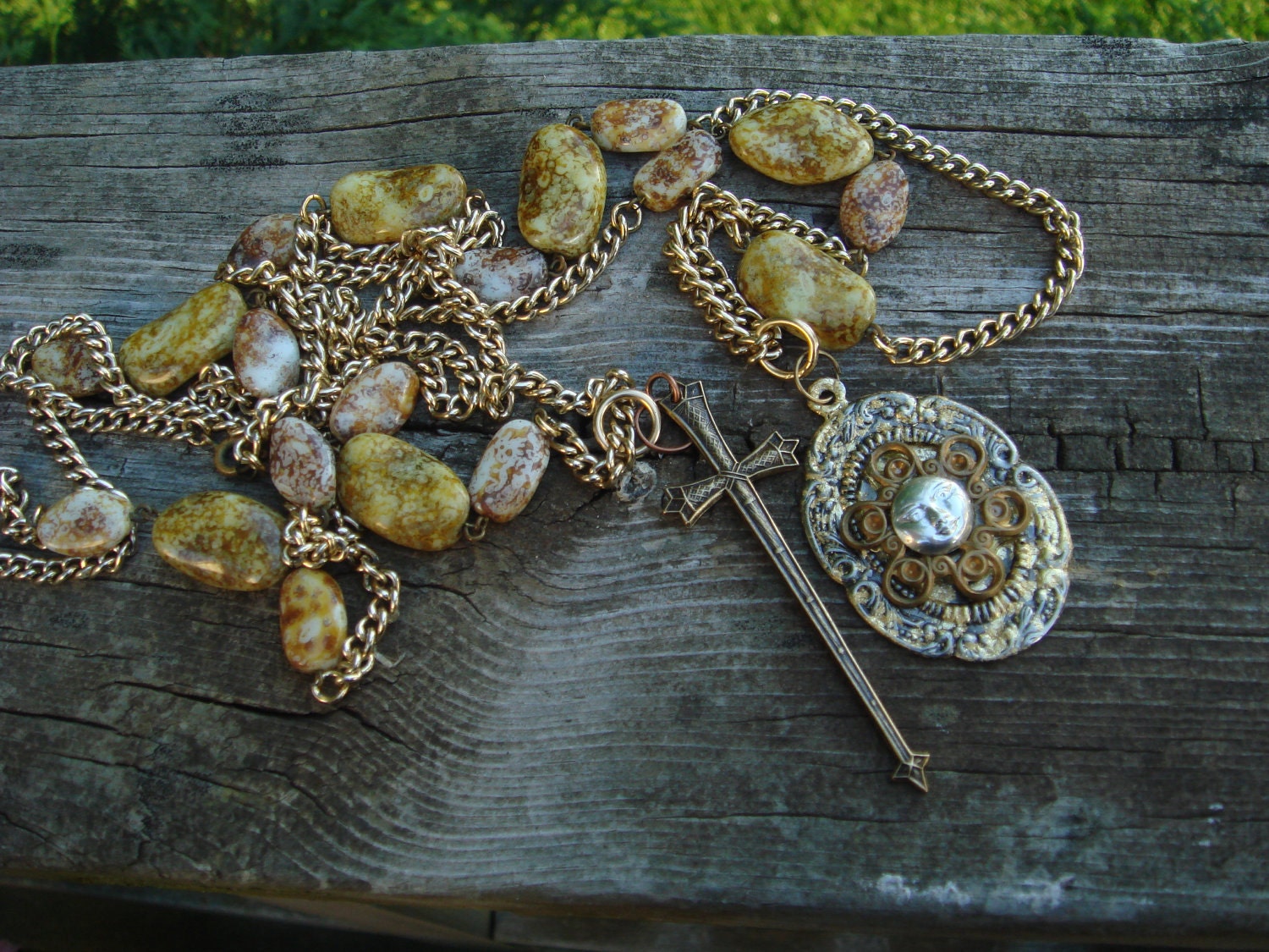 Edwardian 50 Year Old stamping Sword charm Pendant /Steam Punk /AuthenticJasper stone chain Necklace/Hunger games/Game of Thrones/MOON FACE