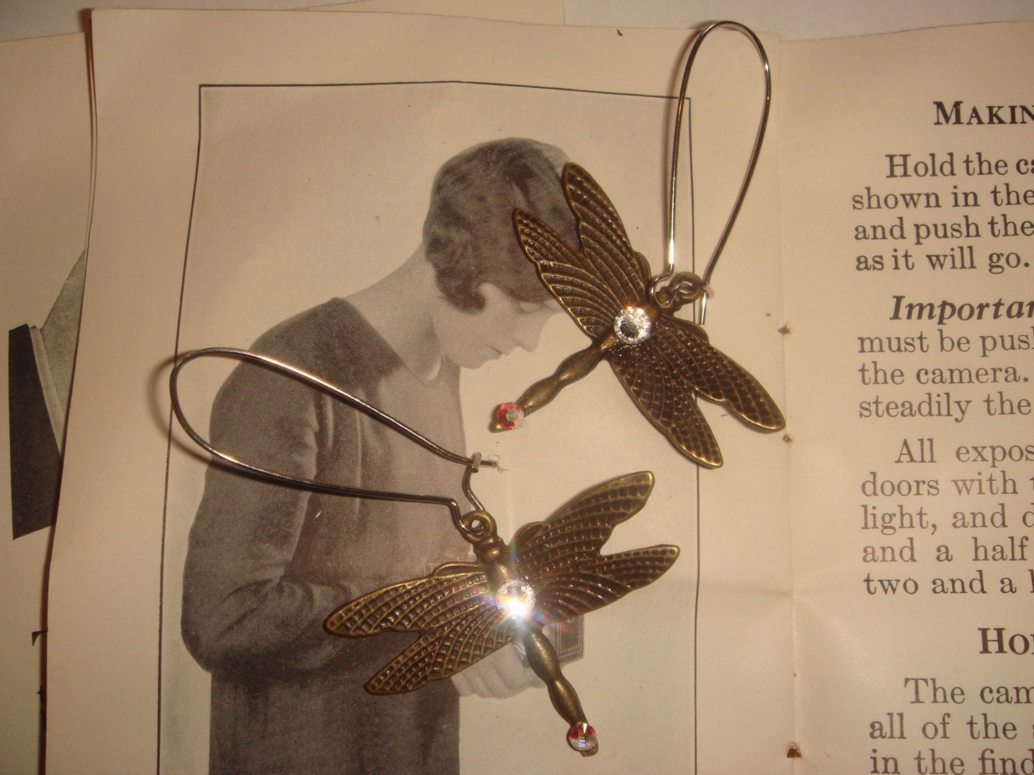 Vintage Re Purposed Mesh Bangle & Earrings.Dragon Fly pendant and Hook Earrings. Genuine Swarovski Crystals encrusted set