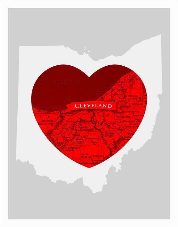 CLEVELAND map heart poster- 11x14 print - Cleveland Ohio art print