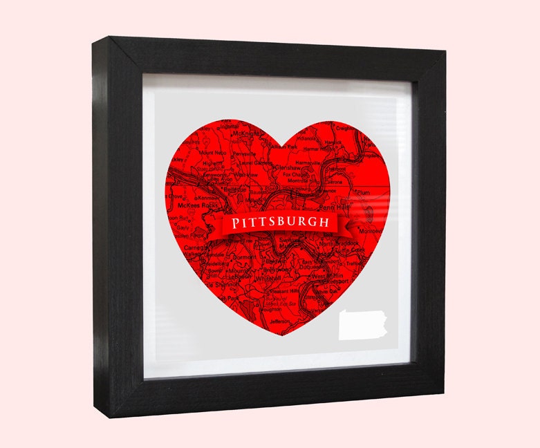 Pittsburgh Map Heart - Wood Framed Print - 8 x 8 - Pittsburgh art wall hanging home decor