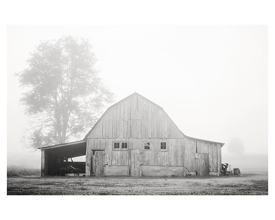 barn tree fog morning black & white landscape photo print - whimsical fine art photography, nature, fall, dream - 10x8 (set of 2)