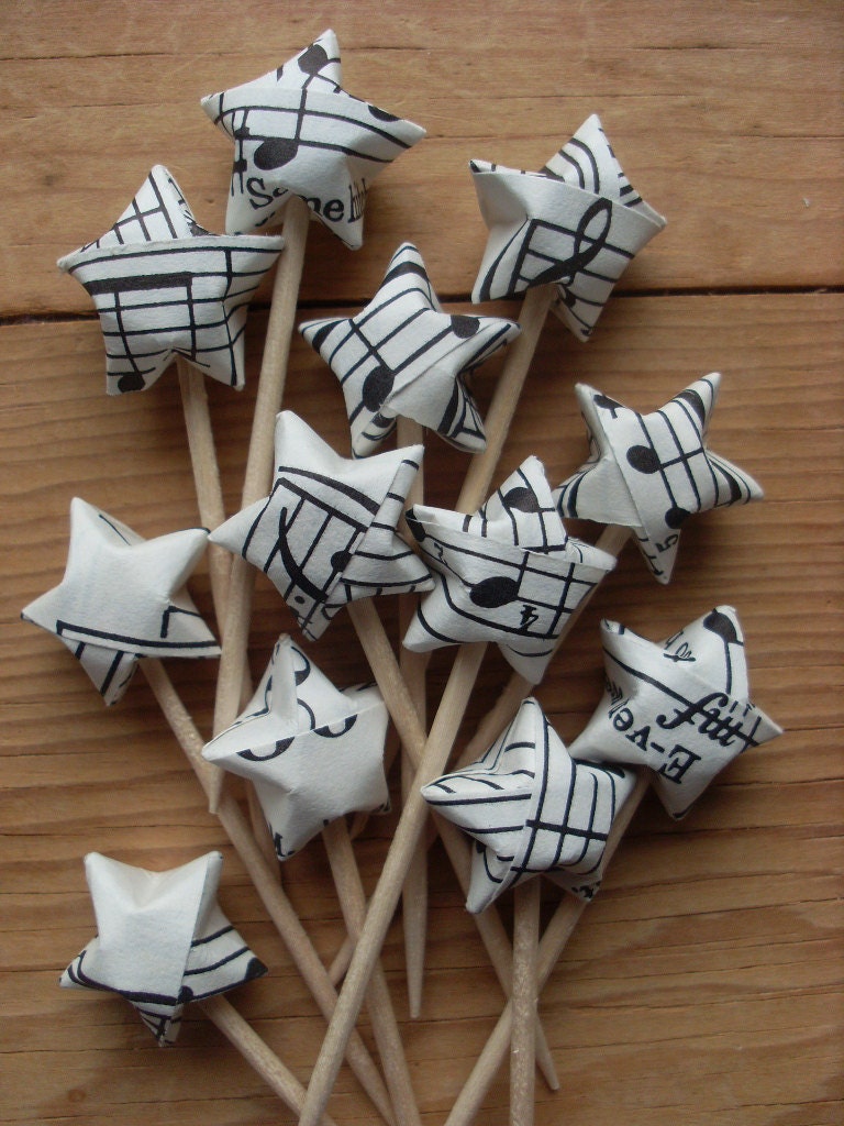 Vintage Sheet Music Party Picks, Upcycled Origami Stars, set of 12.