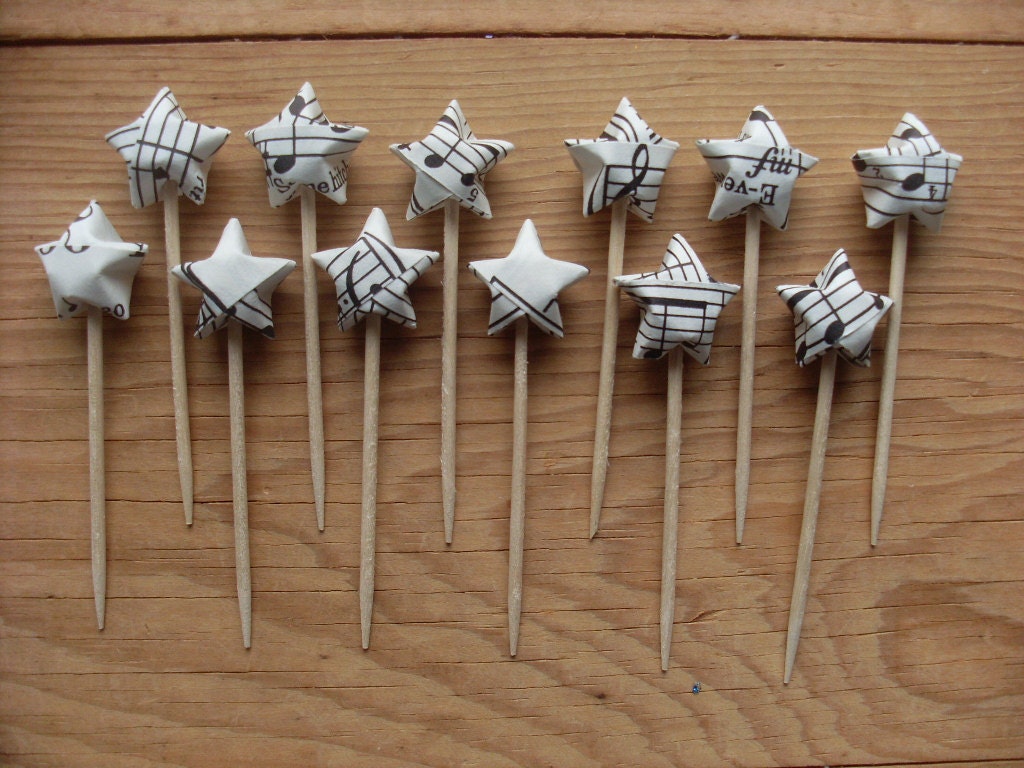 Vintage Sheet Music Party Picks, Upcycled Origami Stars, set of 12.