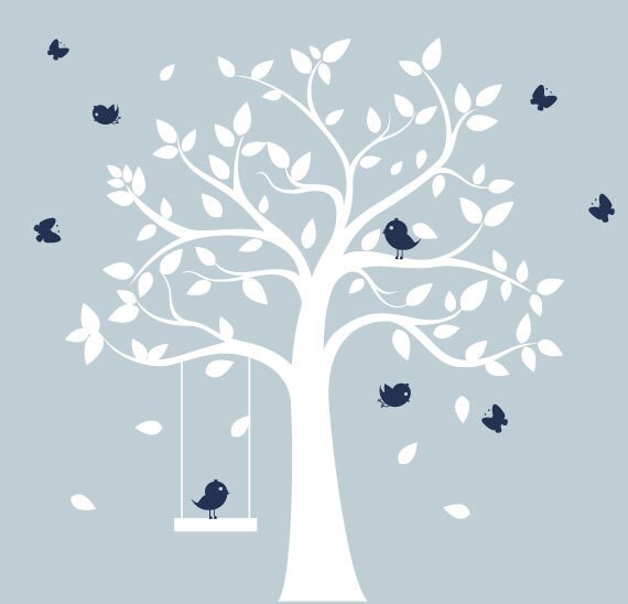 Nursery tree decal - white tree with birds & butterflies- nursery wall art