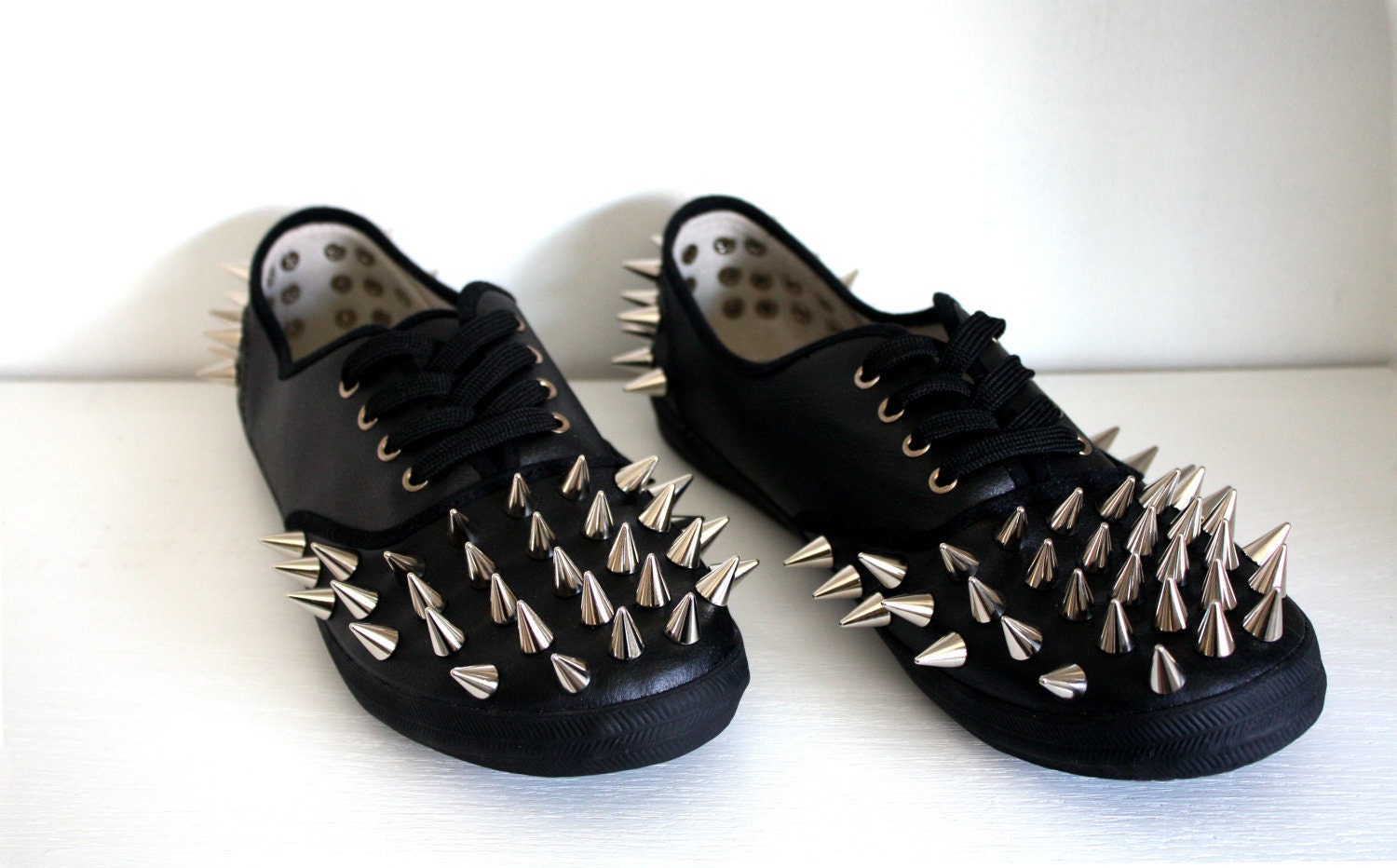 Spiked Faux Leather Plimsolls - Black