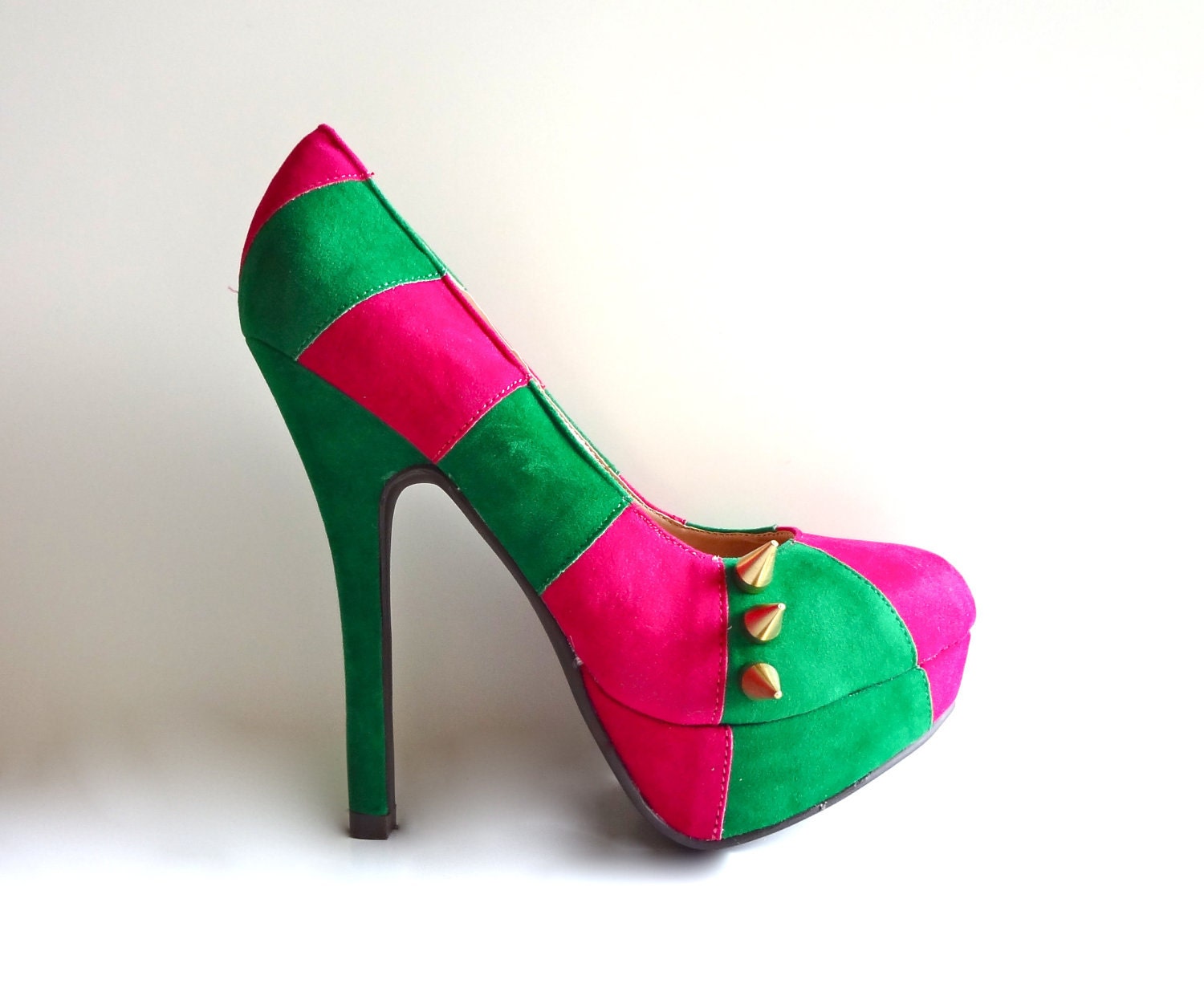 Gold Spiked Suede Pumps- Pink and Green Stripes
