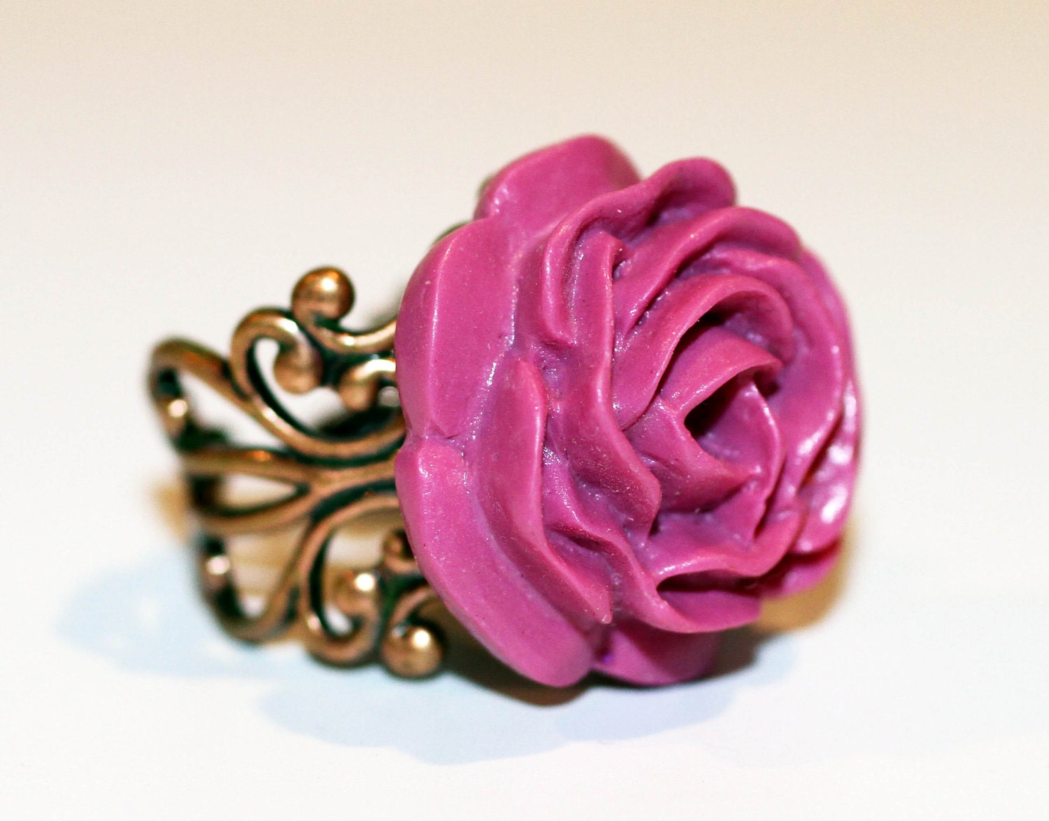 Dark Pink Ruffled Rose Adjustable Ring