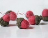 6 Needle Felted Wool Acorns Woodland Decor  - Watermelon Pink Color