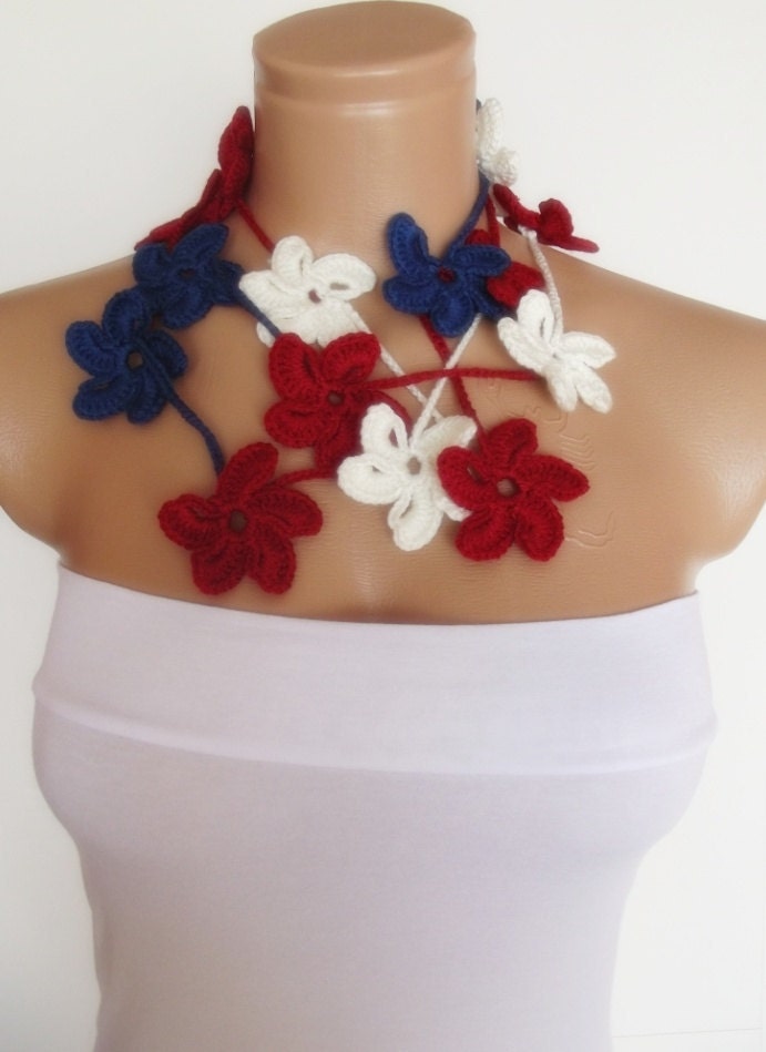 hand crocheted floral scarf lariat red white blue patriotic 4th of july