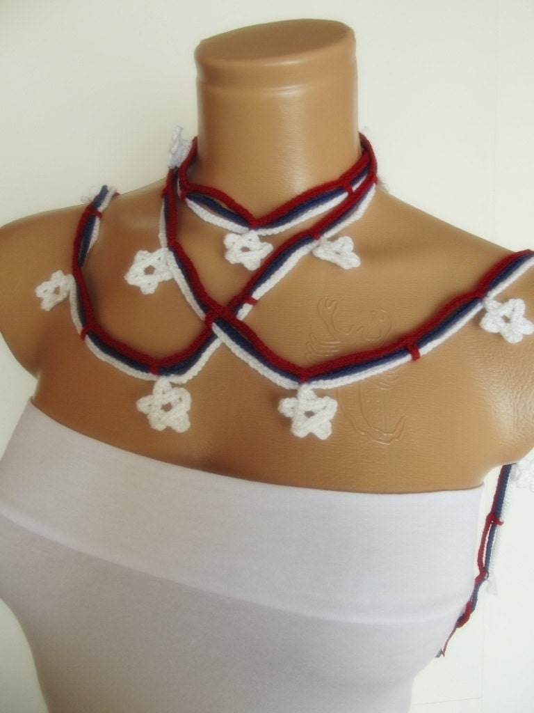 hand crocheted floral scarf lariat necklace red white blue patriotic 4th of july