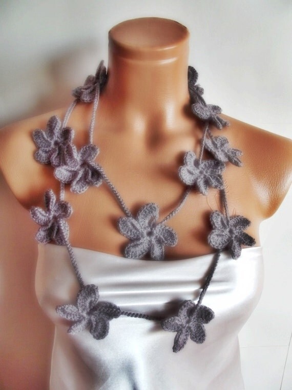 mothers day sale grey hand crocheted floral scarf lariat 160 cm necklace