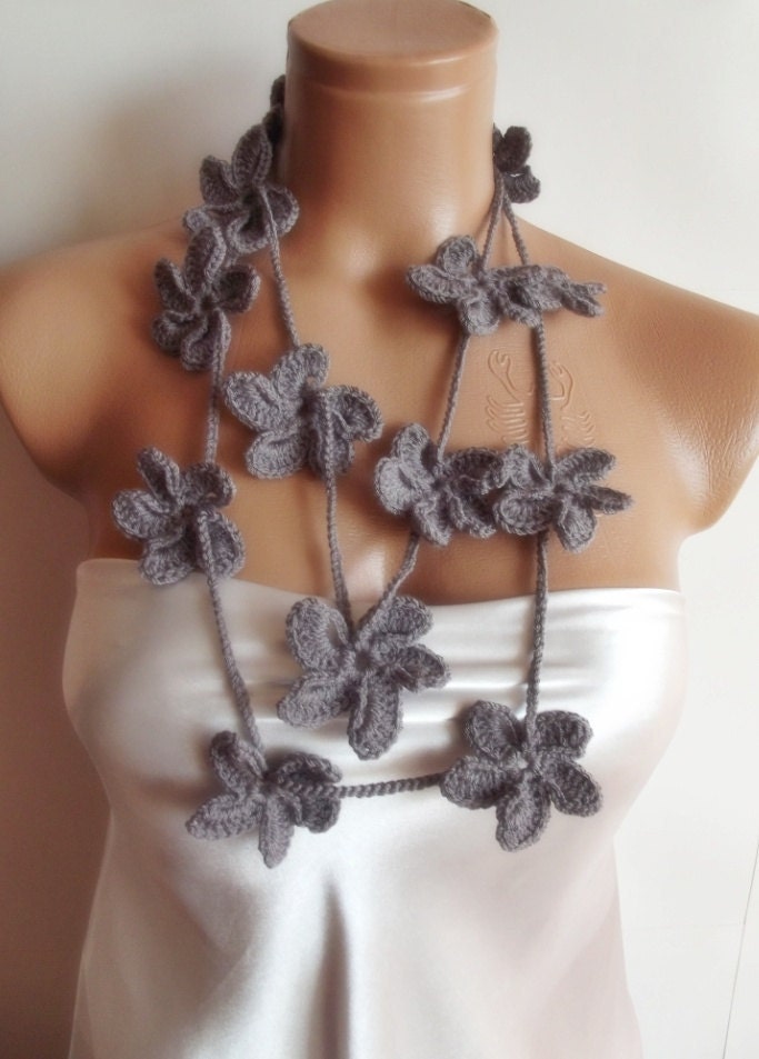 mothers day sale grey hand crocheted floral scarf lariat 160 cm necklace
