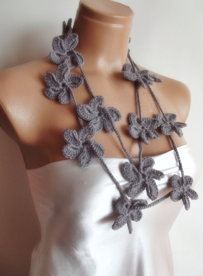 mothers day sale grey hand crocheted floral scarf lariat 160 cm necklace