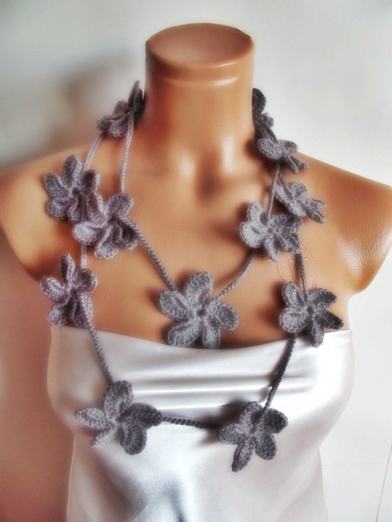 mothers day sale grey hand crocheted floral scarf lariat 160 cm necklace
