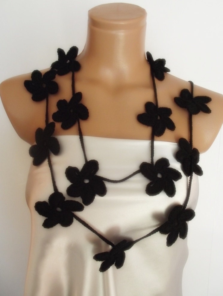 black hand crocheted floral scarf lariat necklace