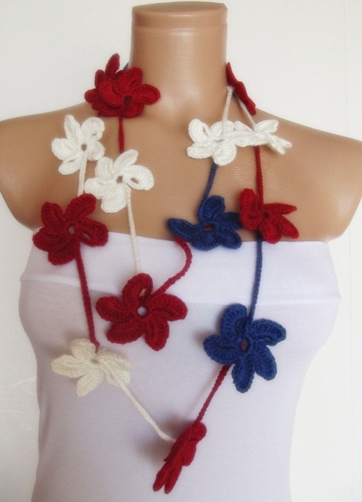 hand crocheted floral scarf lariat red white blue patriotic 4th of july