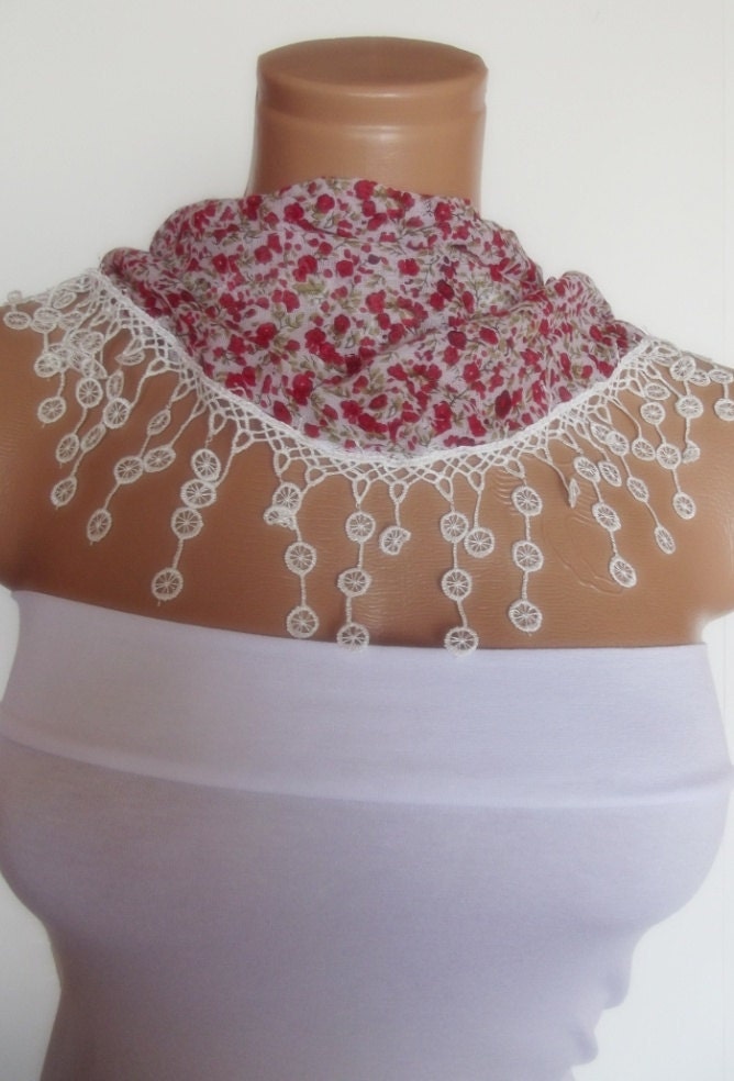 2012 summer fashion cotton scarf with lace new design white red floral