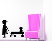 Girl, Wagon, Puppy, Dog - Decal, Sticker, Vinyl, Wall, Home, Daycare, Playroom, Nursery Decor