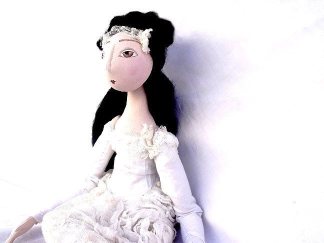 OOAK art doll, Mothers Day,  jointed handmade handsewn handpainted white black  romantic vintage cloth doll Summertime summertrends