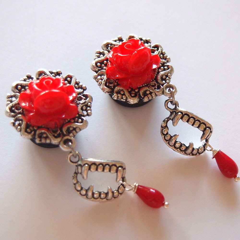 12mm 1/2 inch Plugs  Vampress Dangle Plugs for Stretched ears - gothic vampire unique