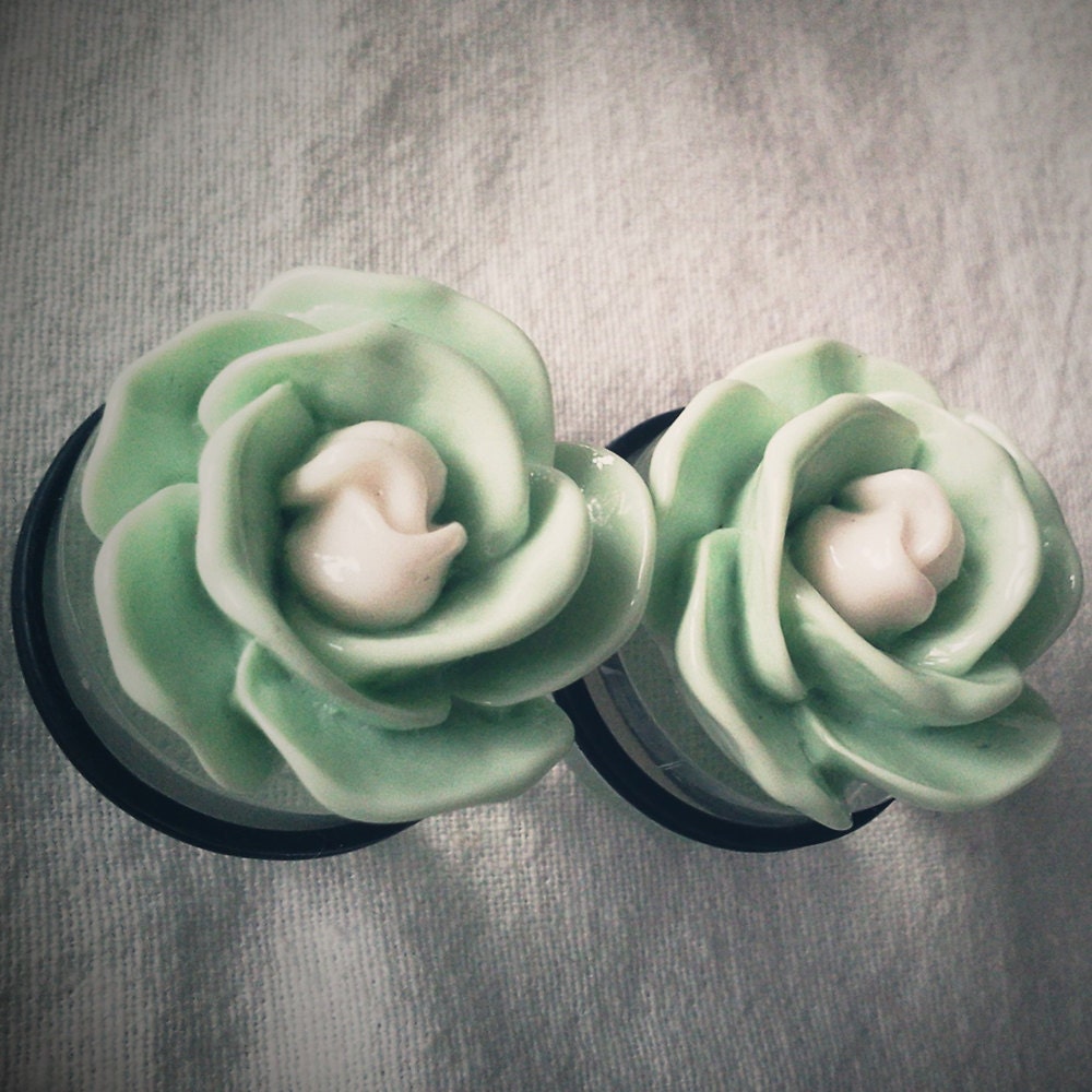 1 inch (25 mm) Mint Green Rose  Acrylic Plugs gauge piercing streched lobes body art chic fun fashion kawaii