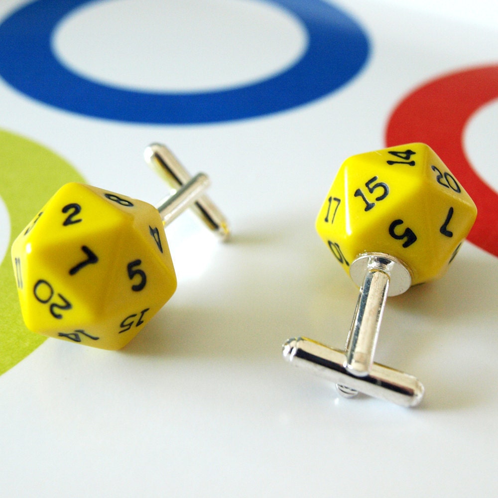 20 Sided d20 Yellow Dice Cuff Links Cufflinks Geek Chic RPG Gamers Wedding Mens Accessory Business Wear