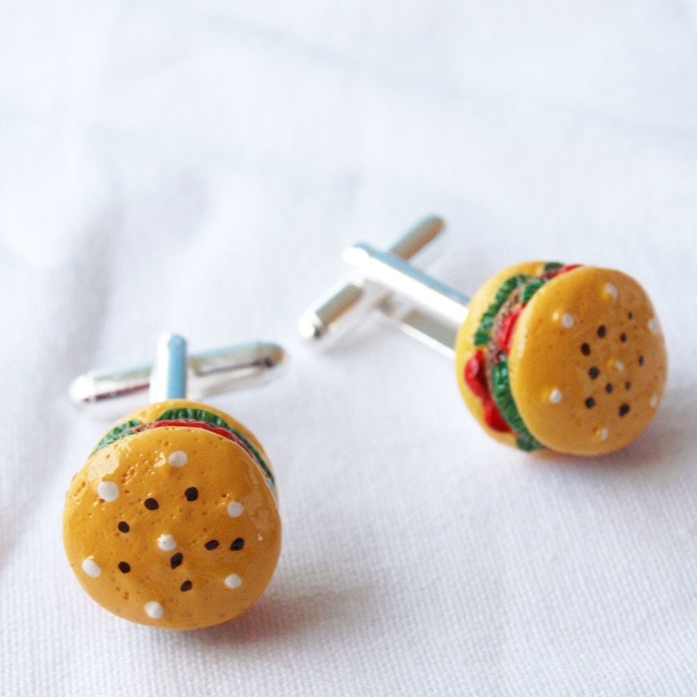 ON SALE Cheeseburger Cuff Links gag gift wedding groomsmen business fast food chic fun funky street fashion