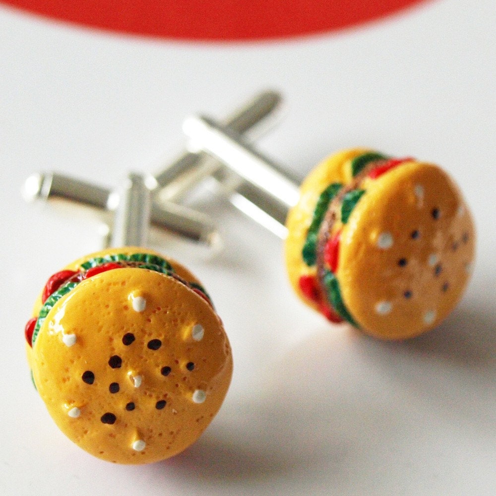 ON SALE Cheeseburger Cuff Links gag gift wedding groomsmen business fast food chic fun funky street fashion