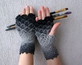 Crocheted crocodile stitch mittens fingerless gloves - black and white Transitional. Winter Accessories.