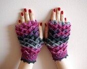 Crocheted crocodile stitch mittens fingerless gloves - black, grey, pink, burgundy, violet. Spring Accessories.