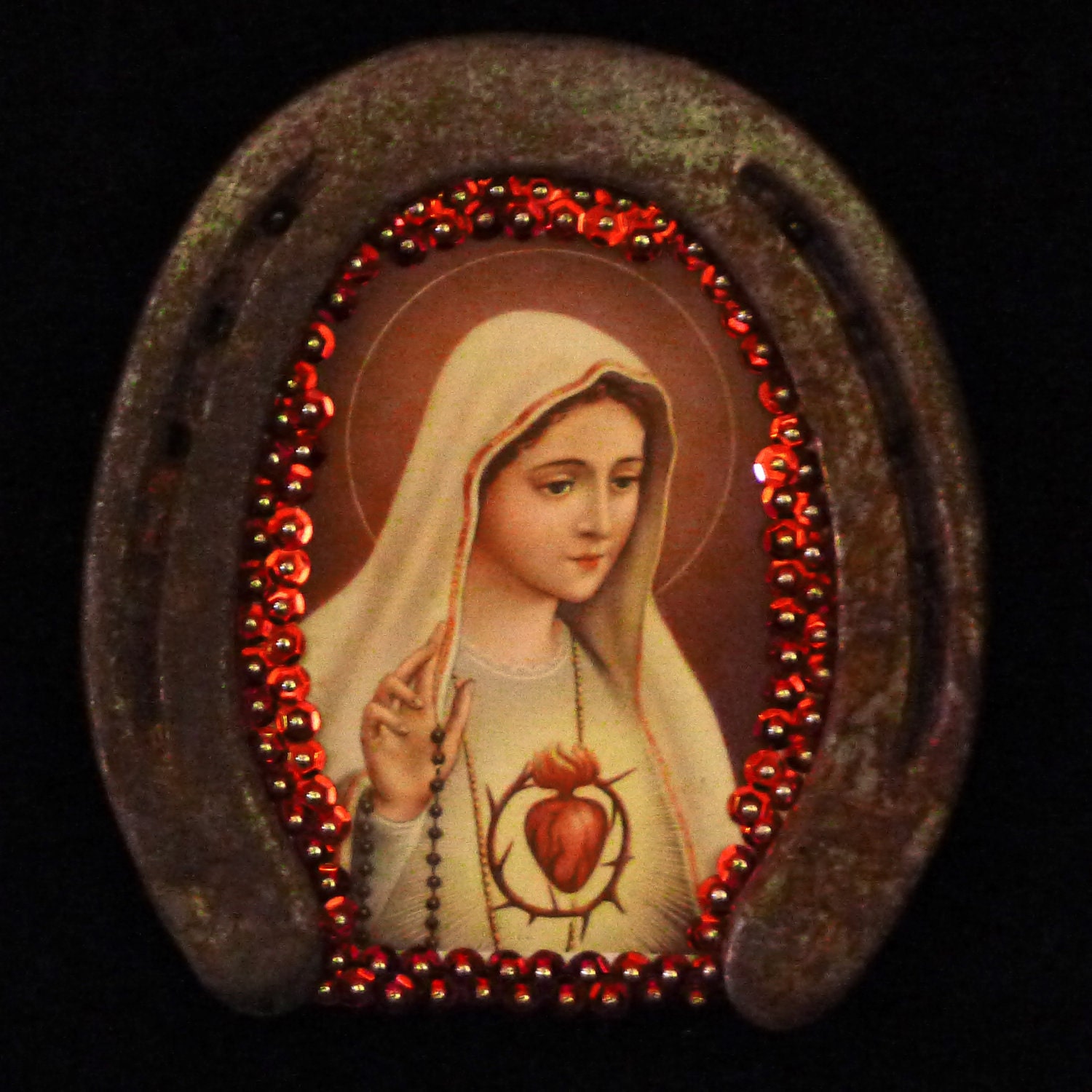 Blessed Mother Virgin Mary Immaculate Heart of Mary Sacred Heart Vintage Horseshoe Warm Red Detail 28