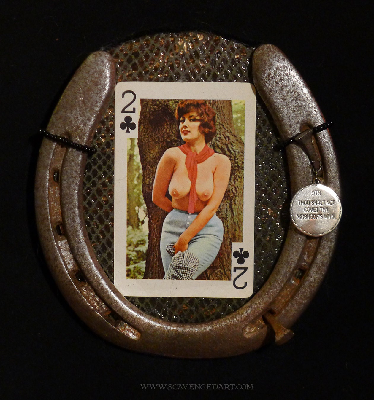 Lucky Horseshoe Retro Pin Up 60's Nudie Playing Card Lucky Horseshoe Wall Art OOAK 34