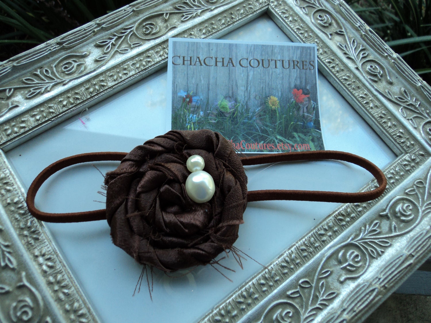 Gorgeous Posh Couture Chocolate Dipped Pearl Headband Baby prop Bow Photography
