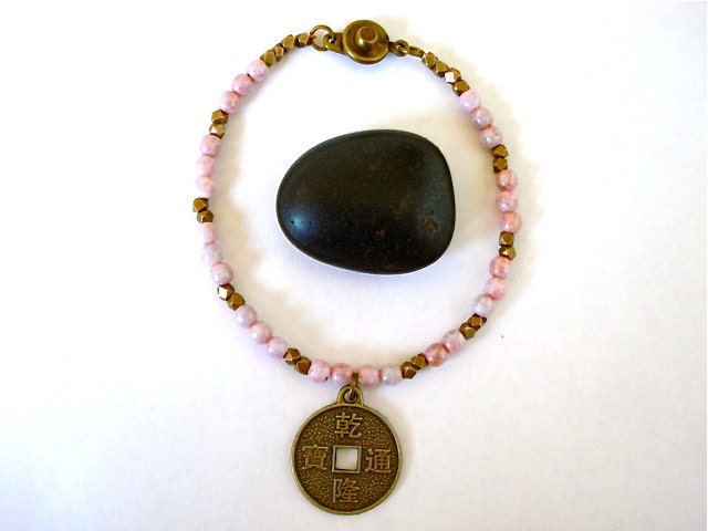 Chinese Coin Bracelet, Pink Czech Glass and Brass Charm Yoga Bracelet