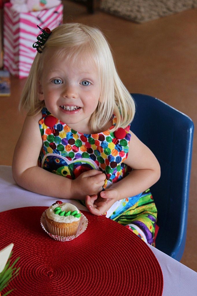 Amelia Dress - Aline/Jumper - Made from Very Hungry Caterpillar Fabric w/Appliqued Butterfly on Dots